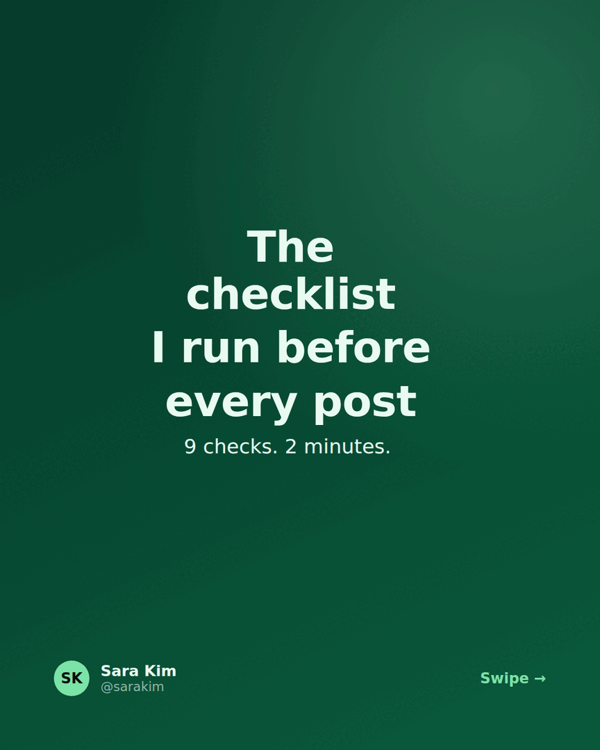 LinkedIn carousel cover: 'The checklist I run before every post' on a deep-green Emerald theme.