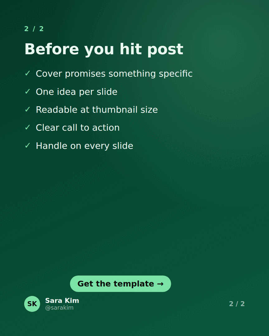 Second slide: 'Before you hit post' checklist with a Get the template CTA.