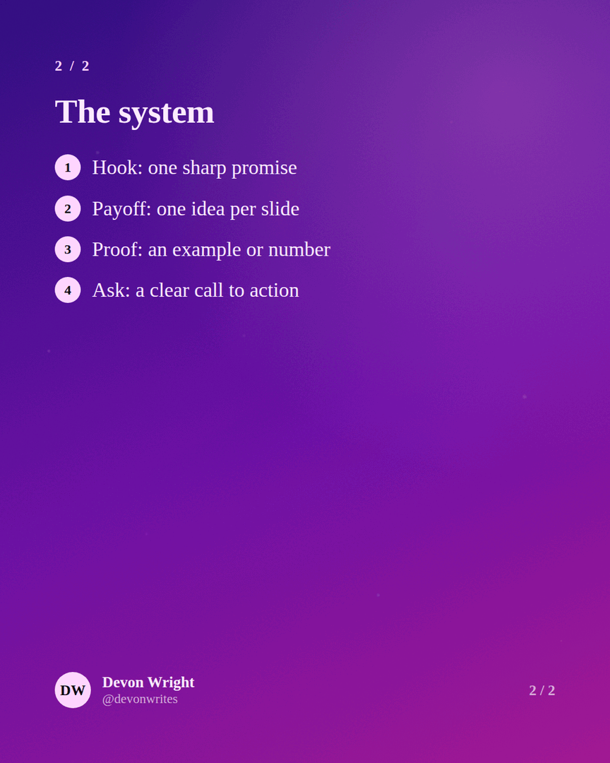 Second slide: 'The system' as a numbered list of four steps.