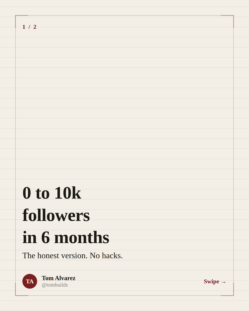 LinkedIn carousel cover: '0 to 10k followers in 6 months' on an editorial Broadsheet theme.