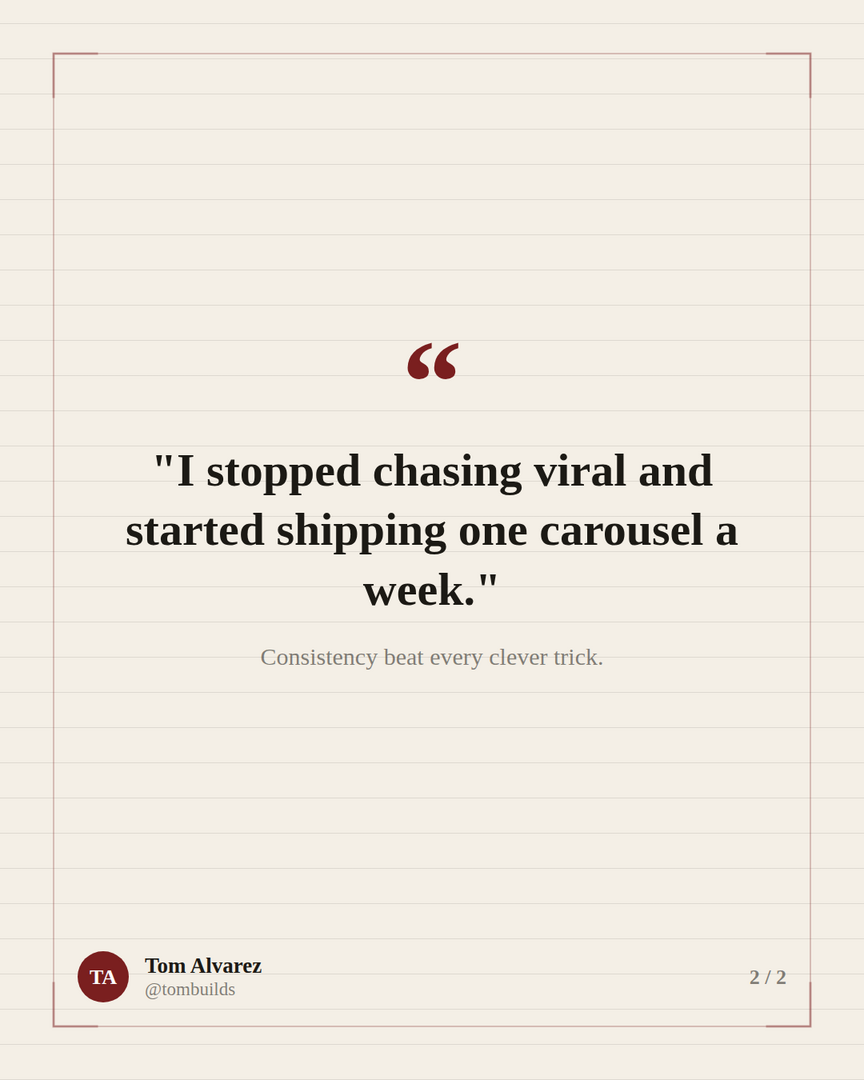Second slide: a pull quote about shipping one carousel a week.