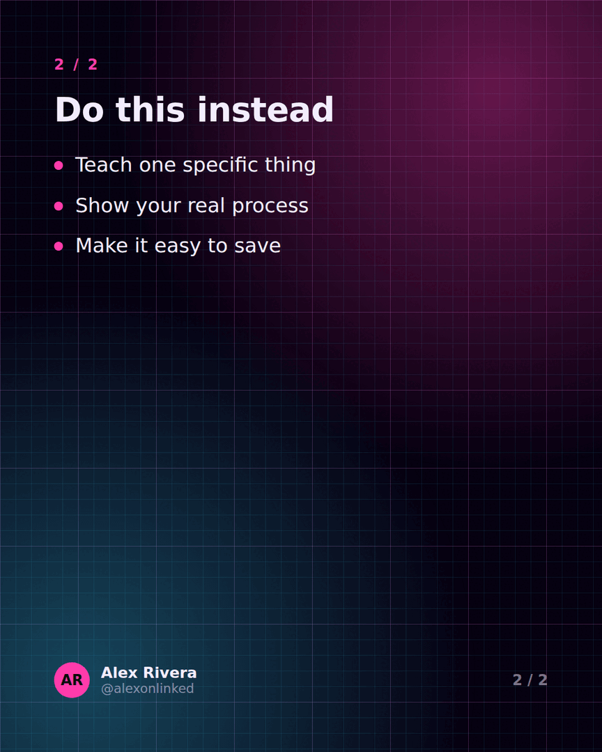 Second slide: 'Do this instead' with three points on a Neon grid background.